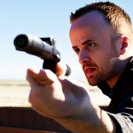 Prompt: Jesse Pinkman aiming a gun at camera pov