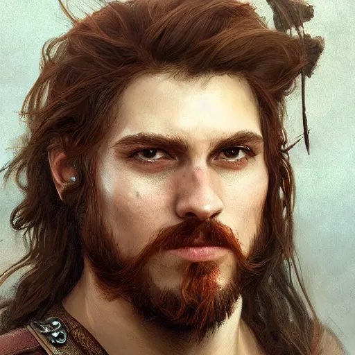 Image similar to portrait of a young rugged pirate, male, masculine, upper body, red hair, long hair, soft hair, D&D, fantasy, intricate, elegant, highly detailed, digital painting, artstation, concept art, matte, sharp focus, illustration, art by Artgerm and Greg Rutkowski and Alphonse Mucha