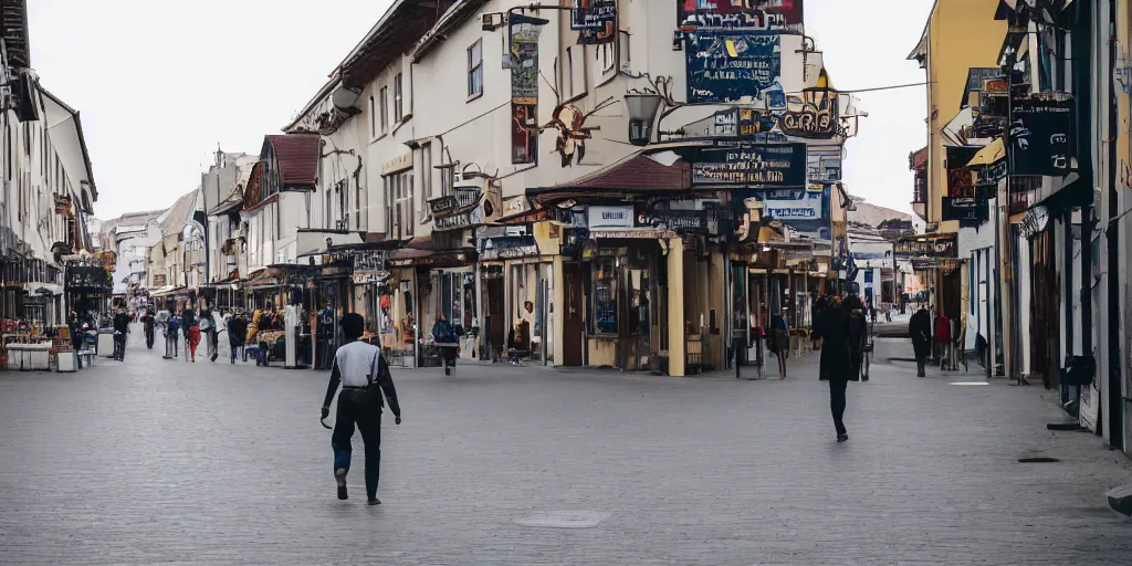 Prompt: a man walking in the town, wide - shot, professional color photograph