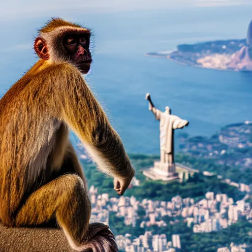 Image similar to high quality portrait of a monkey in front of Christ The Redeemer, studio photograph, photograph, realistic photo, 8k photo, 4k photo, stock photo, high resolution, cinematic shot, high detail