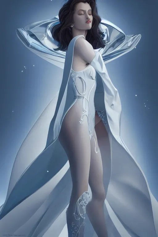 Image similar to detailed beautiful noun in opened white blue gold coat, seductive confident pose, attractive feminine curves, intricate details, futuristic, elegant cape, elegant, photorealism, trending on artstation, holy halo, advanced technology, art by moebius and vitaly bulgarov and chanthara
