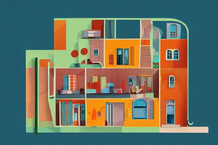 Prompt: a colorful flat 2 dimensional illustration of a cross section of a house, a storybook illustration by muti and tim biskup, minimalism, featured on dribble, arts and crafts movement, behance hd, storybook illustration, dynamic composition