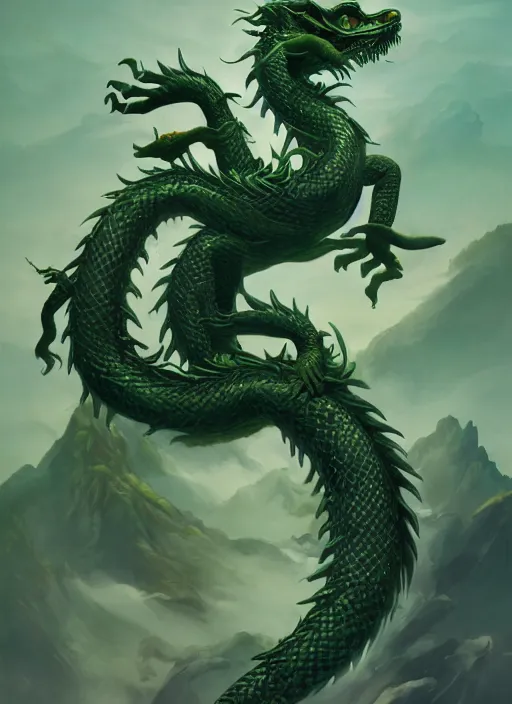 Image similar to a beautiful full - body green chinese dragon, wisdom, magical render in maya by peter mohrbacher and kentaro miura, artstation, 8 k ivan laliashvili, james gurney poster style