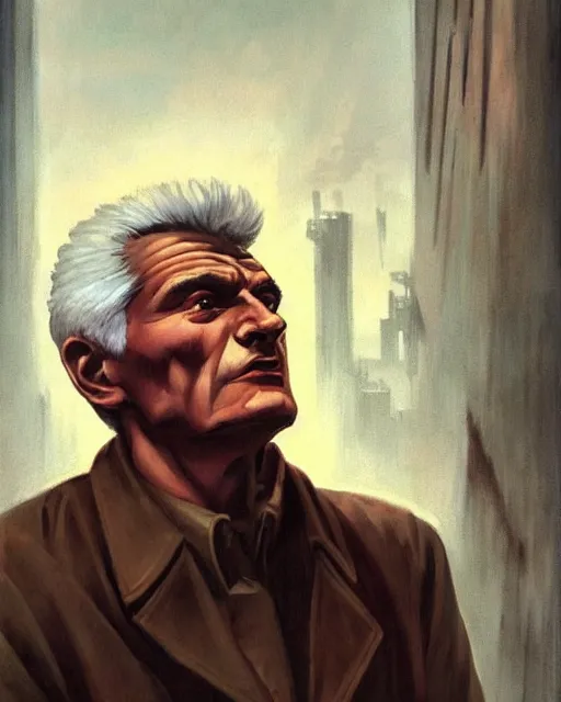 Prompt: jacques derrida. 1 9 8 0 s dystopian soviet russia, propaganda screens. unreal engine, fantasy art by jesper ejsing. faithfully depicted facial expression, perfect anatomy global illumination, radiant light, detailed and intricate environment