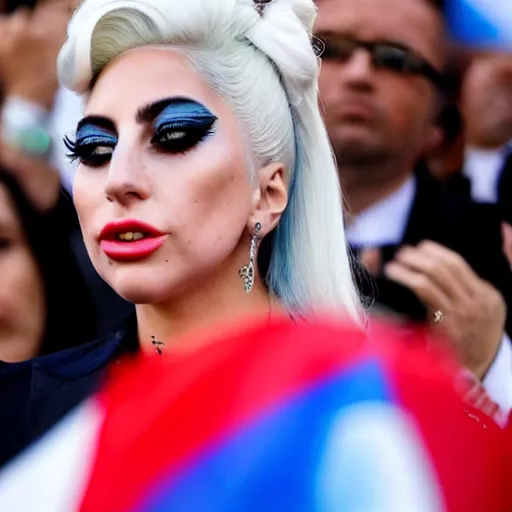 Image similar to Lady Gaga as president, Argentina presidential rally, Argentine flags behind, bokeh, giving a speech, detailed face, Argentina