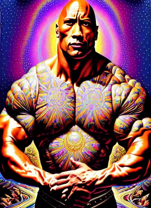 Prompt: beautiful oil painting, full length portrait of dwayne the rock Johnson in baroque coronation robes 1701, Dan Mumford, Dan Mumford, Alex grey, hyacinthe rigaurd, highly detailed , lsd visuals, dmt fractal patterns, visionary art, psychedelic art, ornate, vaporwave, baroque, Greg rutkowski