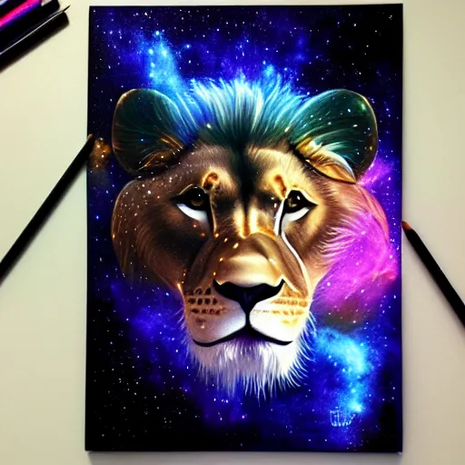 Image similar to geometric lion with galaxy eyes in space, nebula in the background, intricate, elegant, highly detailed, digital painting, artstation, concept art, smooth, sharp focus, illustration, art by artgerm