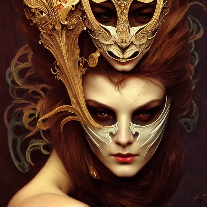 Image similar to Mask under Mask under mask, dramatic lighting, fantasy, intricate, elegant, highly detailed, lifelike, photorealistic, digital painting, artstation, illustration, concept art, smooth, sharp focus, art by John Collier and Albert Aublet and Krenz Cushart and Artem Demura and Alphonse Mucha