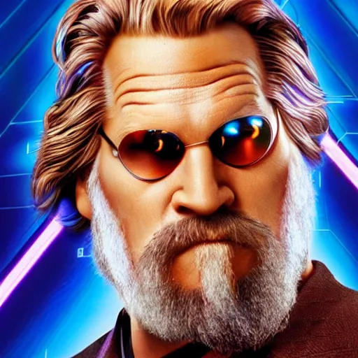 Image similar to dude lebowski played by jeff bridges ( accurate facial proportions ), in tron world, photorealistic movie still, detailed 8 k, poster style, high resolution