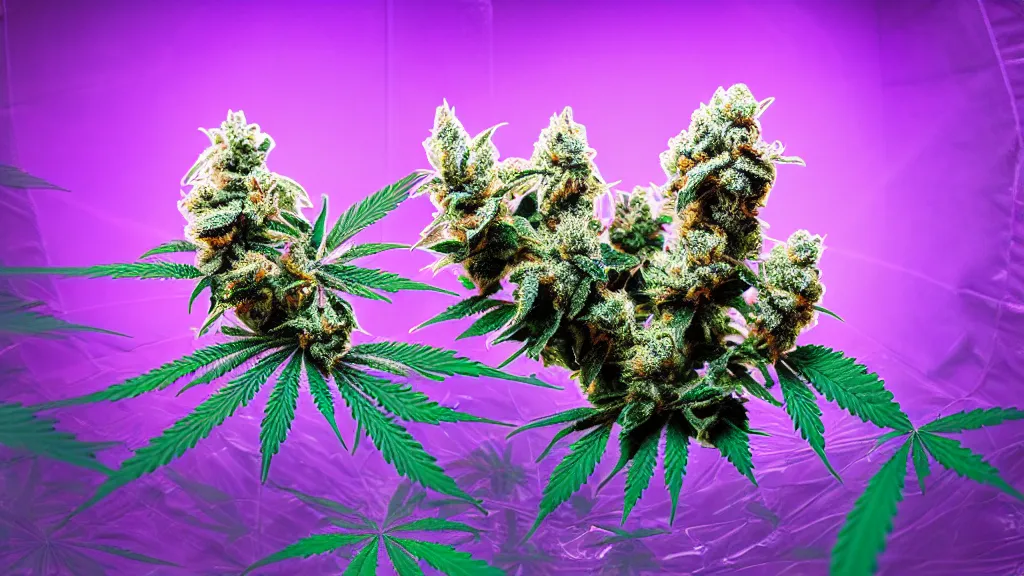Image similar to marijuana plant, photography, double - exposure, frosty purple good quality nugs, photo taken inside of grow tent