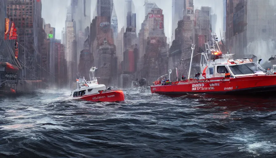 Image similar to rescue boat crossing new york streets after a tsunami, hyperdetailed, artstation, cgsociety, 8 k