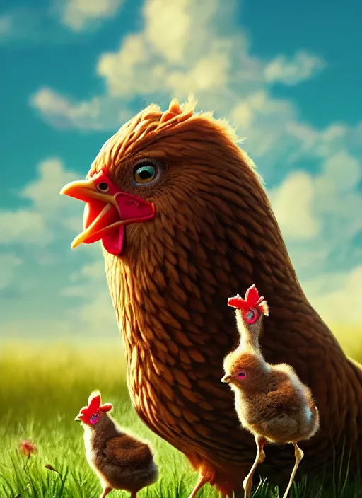 Image similar to a hen and her two chicks on a meadow, happy movie poster by nuri iyem, james gurney, james jean, greg rutkowski, anato finnstark. pixar. hyper detailed, 5 0 mm, award winning photography, perfect faces