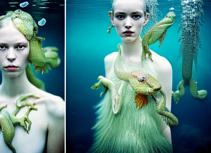 Prompt: kodak portra 4 0 0 photo portrait of a beautiful sirens floating in a crystal tank in style of tim walker, amphibian skin dress intricate detailed scales, 5 0 mm lens, f 2. 4, elegant, highly detailed, sharp focus, ethereal, out worldly colours, emotionally evoking, head in focus, soft blur light dreamy underwater, volumetric lighting, epic fantasy