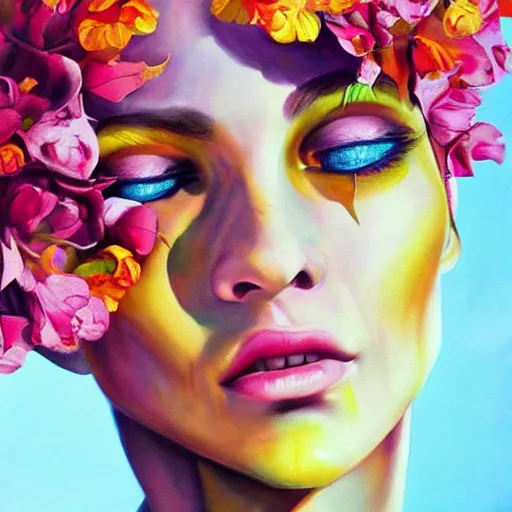 Prompt: super realistic painting of a human combined with flowers, colorful, highly detailed, 4k, trending on artstation