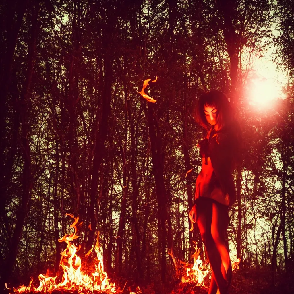 Prompt: a beautiful vampire girl is standing in the forest at night on fire