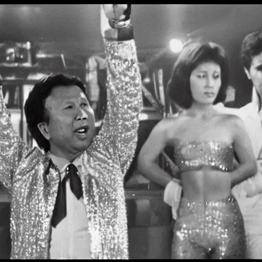 Image similar to A movie still of Pol Pot wearing a disco suit in Satuday Night Fever