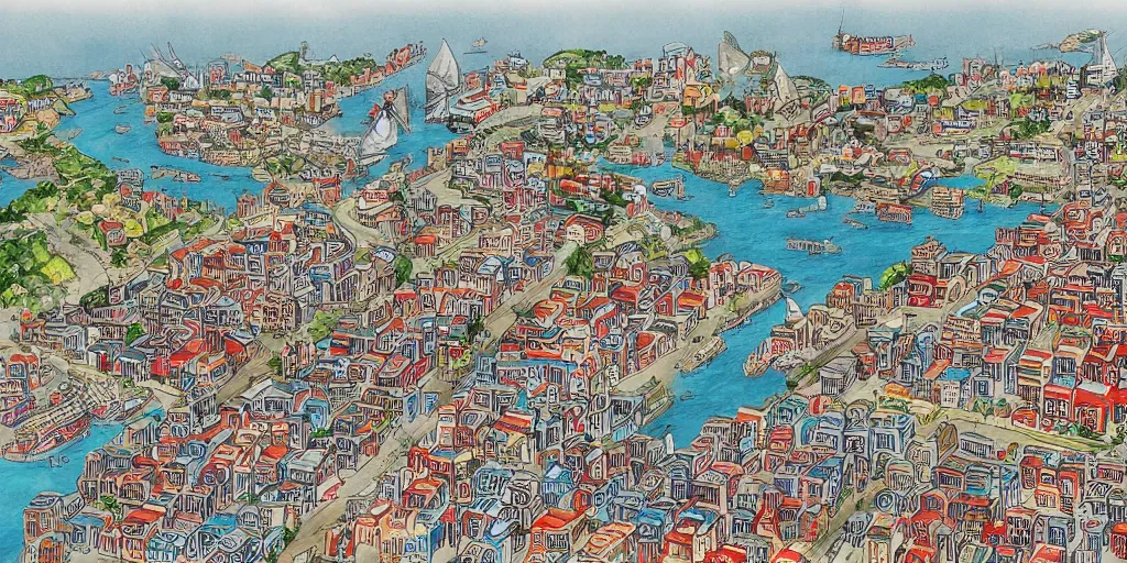 Prompt: Illustration, huge ancient fantasy city on a sky high bridge, bridge city, tall bridge with city on top, house's and shops and buildings, a huge bazaar, lots of clearance for big ships with sails to go under the bridge, port areas to load and unload goods, cross between great wall of China and London bridge, really long, all buildings on bridge