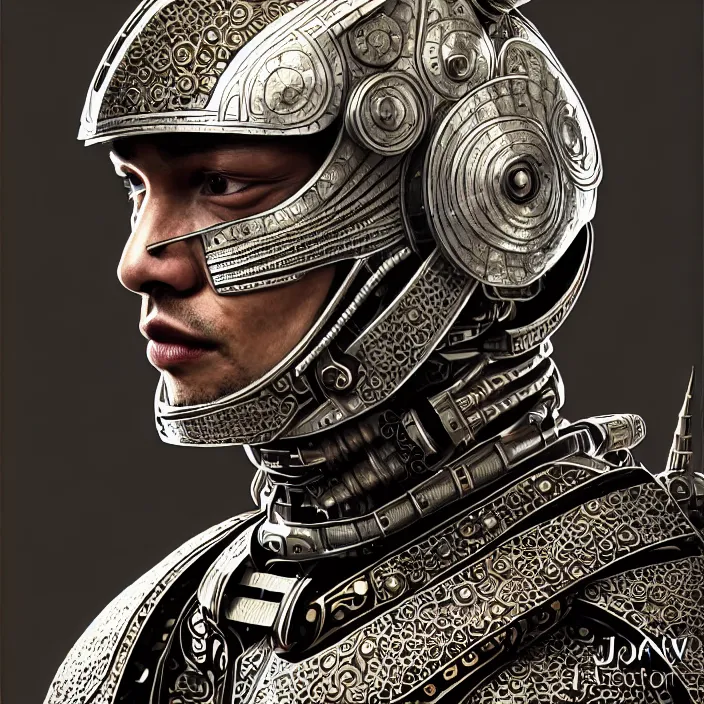 Prompt: portrait of a man wearing cyborg armor, Javanese batik pattern, subject in the center of the frame, wide angle shot, diffuse lighting, fantasy, intricate, elegant, highly detailed, lifelike, photorealistic, digital painting, artstation, illustration, concept art, smooth, sharp focus, art by John Collier and Albert Aublet and Krenz Cushart and Artem Demura and Alphonse Mucha