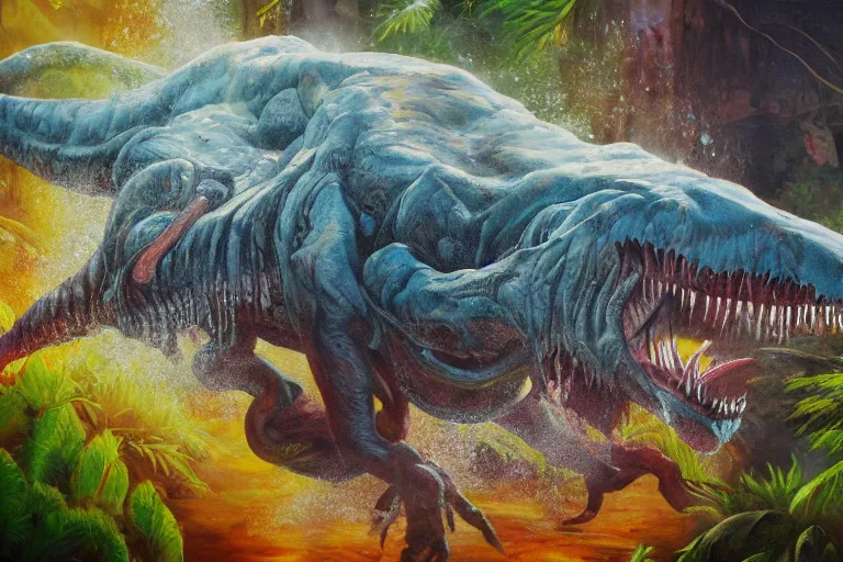 Prompt: highly detailed oil painting of a tyrannosaurus sitting in a steaming colorful hotspring stream, featured on artstation