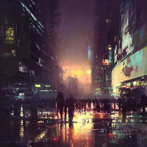 Image similar to beautiful cyberpunk cityscape, sun setting, volumetric clouds, painting by jeremy mann