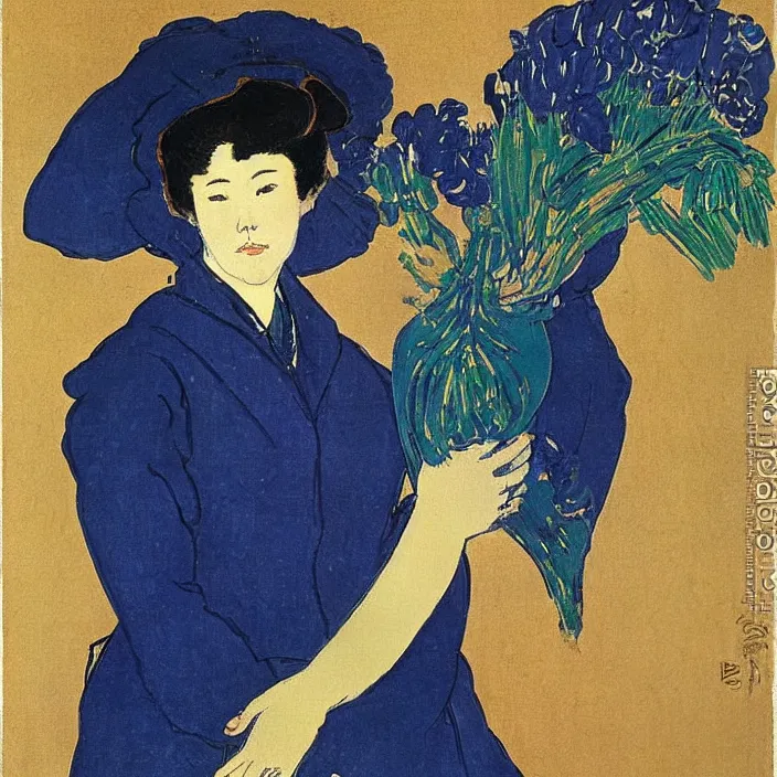 Image similar to woman with painted vase. deep dark indigo blue. henri de toulouse - lautrec, utamaro, matisse