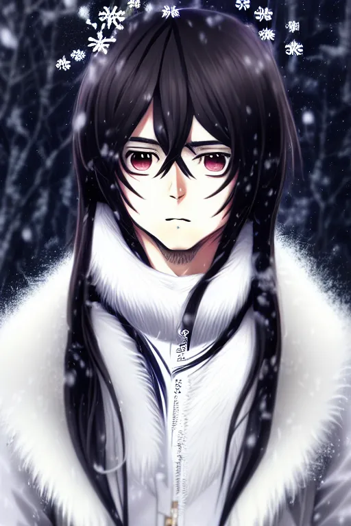 Prompt: anime portrait of a handsome man, dark long hair, side - swept bangs, wearing white fur coat in snow, ilya kuvshinov, anime, pixiv top monthly, trending on artstation, cinematic, danbooru, zerochan art, kyoto animation