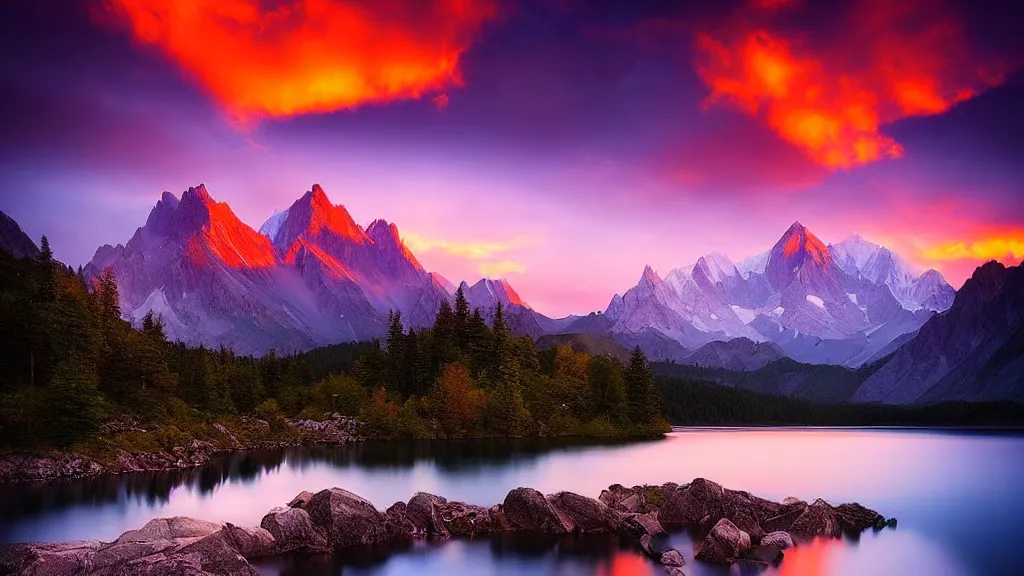 Image similar to amazing landscape photo of mountains with lake in sunset by marc adamus, beautiful dramatic lighting