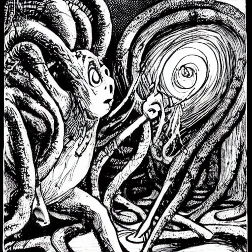 Image similar to twas brillig, and the slithy toves did gyre and gimble in the wabe all mimsy were the borogoves, and the mome raths outgrabe | by lewis carroll and hp lovecraft with doctor seuss and hr giger