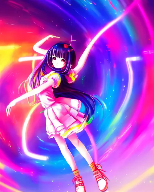 Image similar to anime style, vivid, expressive, full body, 4 k, painting, a cute magical girl idol with a long wavy colorful hair wearing a colorful dress, correct proportions, stunning, realistic light and shadow effects, neon lights, studio ghibly makoto shinkai yuji yamaguchi, wlop