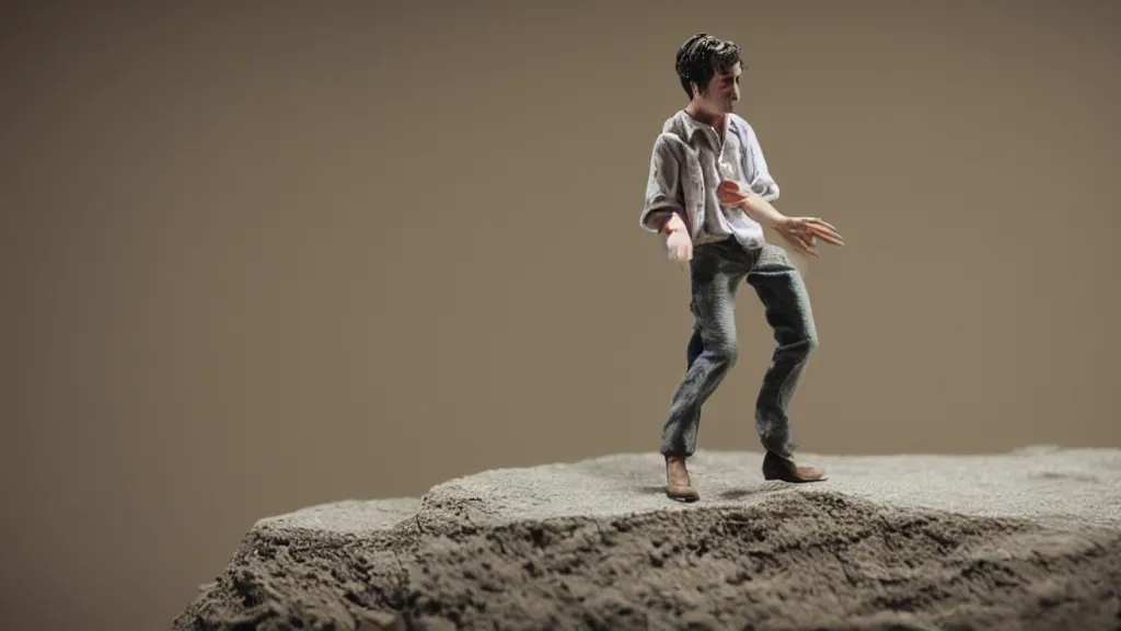 Prompt: a man performing on stage claymation depth of field 2 7 0 mm