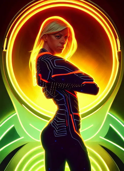 Image similar to symmetry! portrait of kaitlin olson, sci - fi, tech wear, glowing lights!! intricate, elegant, highly detailed, digital painting, artstation, concept art, smooth, sharp focus, illustration, art by artgerm and greg rutkowski and alphonse mucha