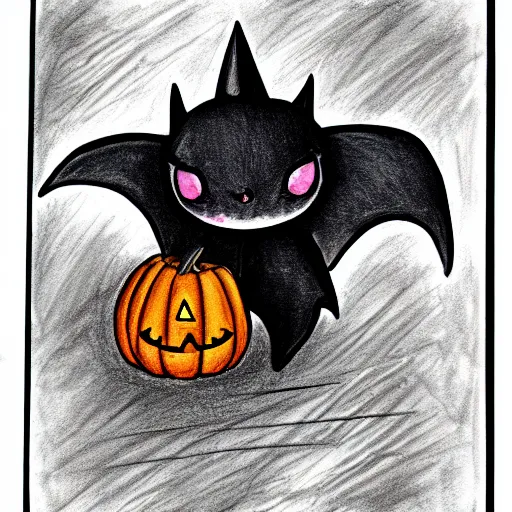 Image similar to drawing of a cute kawaii bat carrying a pumpkin marker on whiteboard