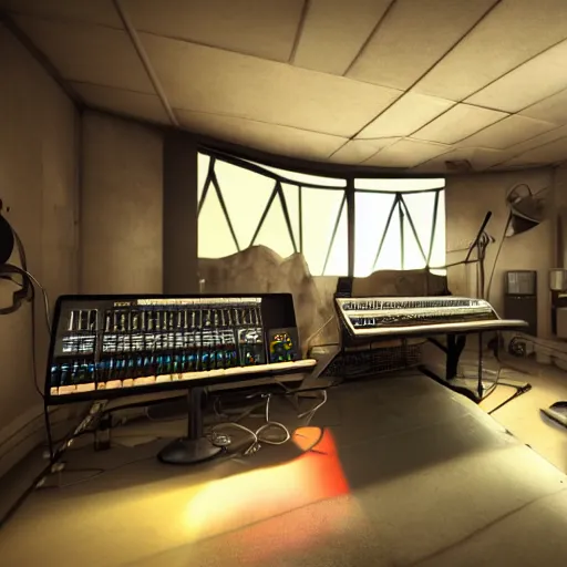 Image similar to en epic synthesizer studio, cinematic light, photorealistic, unreal engine, zbrush central,