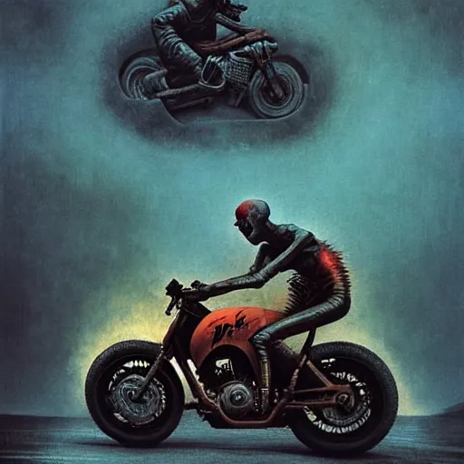 Image similar to motorbikers race in hell, pursued by demons, beksinski and tristan eaton, dark neon trimmed beautiful dystopian digital art