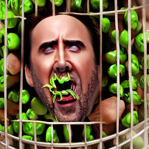 Image similar to nicolas cage trapped in a wicker cage with peas on his face, screaming, movie still, hdr