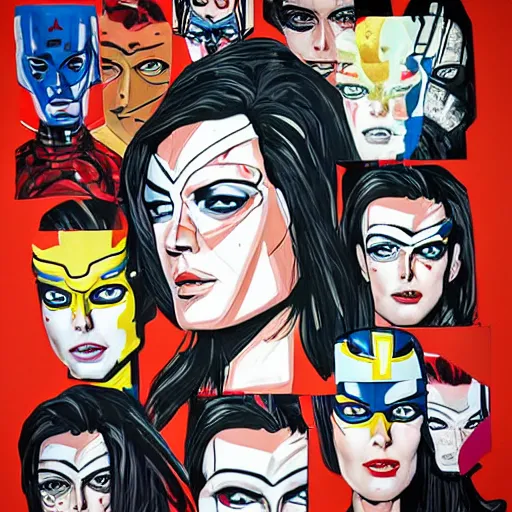 Image similar to portrait of a female android, superhero comics cutouts, by Sandra Chevrier