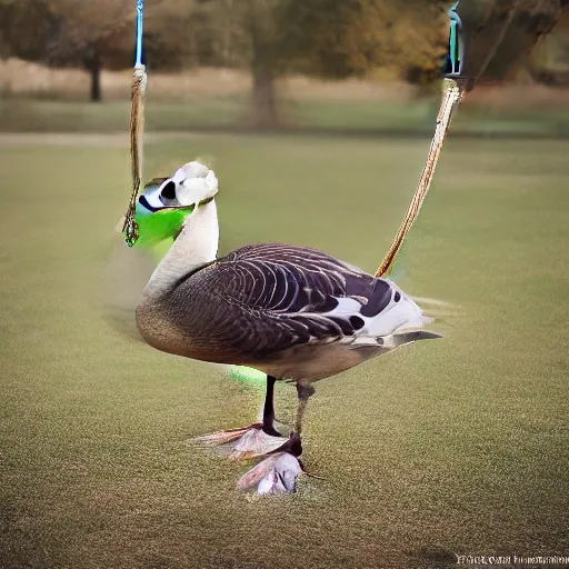 Prompt: a realistic photograph of a goose swinging on a swing, real life