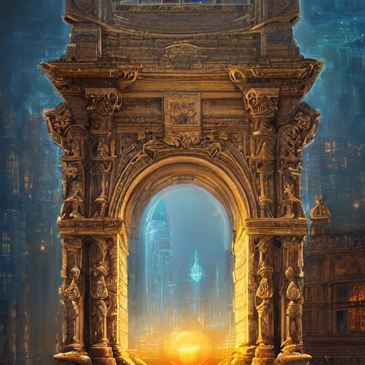 Prompt: carved futuristic gateway at the end of ancient ornate steps with a large wide window to a city which details the vast architectural scientific and cultural achievements of ancient humankind, complex composition, molecules and machines, renato muccillo, andreas rocha, jorge jacinto, damian kryzwonos, ede laszlo, artstation, digital art, cinematic blue and gold
