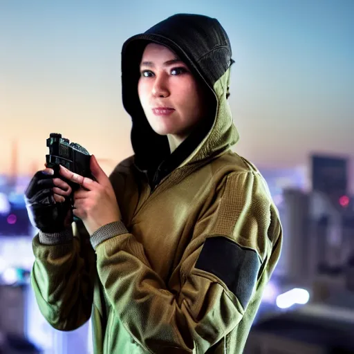 Image similar to photographic portrait of a techwear woman holding a Glock 18, closeup, on the rooftop of a futuristic city at night, sigma 85mm f/1.4, 4k, depth of field, high resolution, 4k, 8k, hd, full color