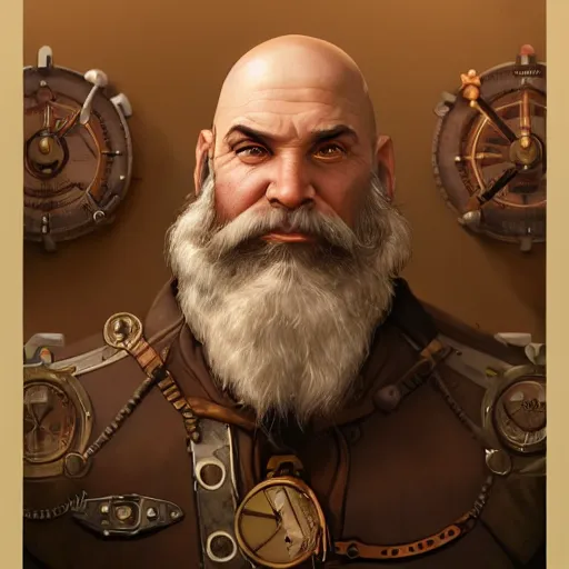 Image similar to Three quarters portrait of a bald male steampunk dwarf with long brown beard, highly detailed, digital painting, art by Stanley Lau and Artgerm and magali villeneuve and Alphonse Mucha, artstation, octane render, cgsociety