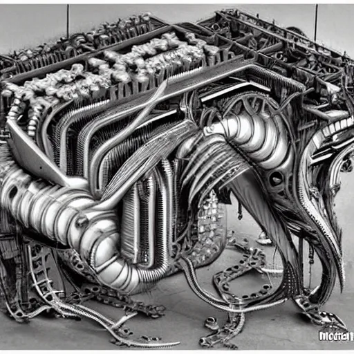 Prompt: biomechanical industrial factory made to chew objects, biomechanical machine made of teeth, by hr giger!!!