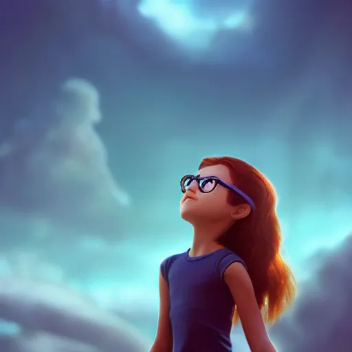 Prompt: A young girl with glasses looking to the sky, designed by Peter Andrew Jones and Pixar, photorealistic, 3d render, award winning render, unreal engine, octane render, studio lighting, 8k, hd, DISNEY PIXAR, PIXAR, QUALITY, PRECISION,