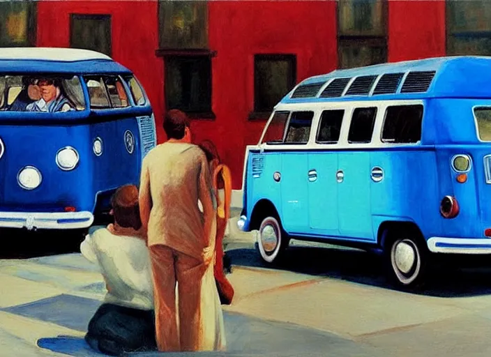 Image similar to detailed painting two young men and women in front of blue vw bus by edward hopper, bernardo bertolucci dreamers movie scene