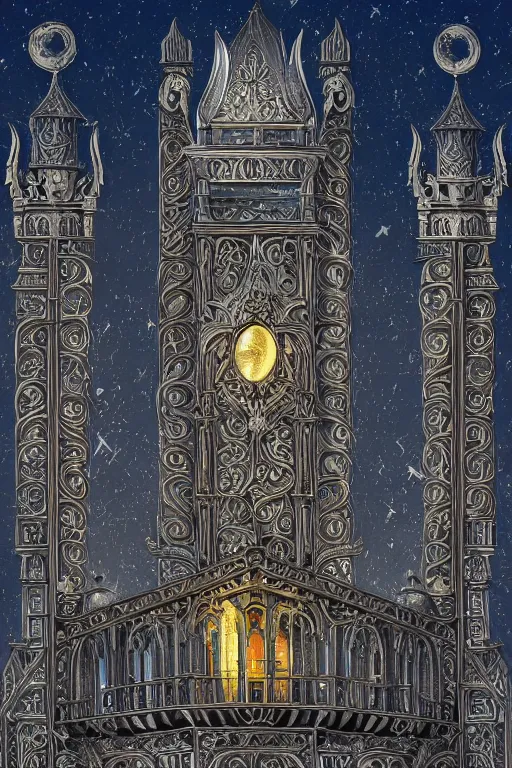 Image similar to silver tower of the moon, fairytale illustration, elaborate carved wood balconies, gilded wood, tall windows, formal gardens, dramatic cinematic lighting, beautiful moths, soft colors