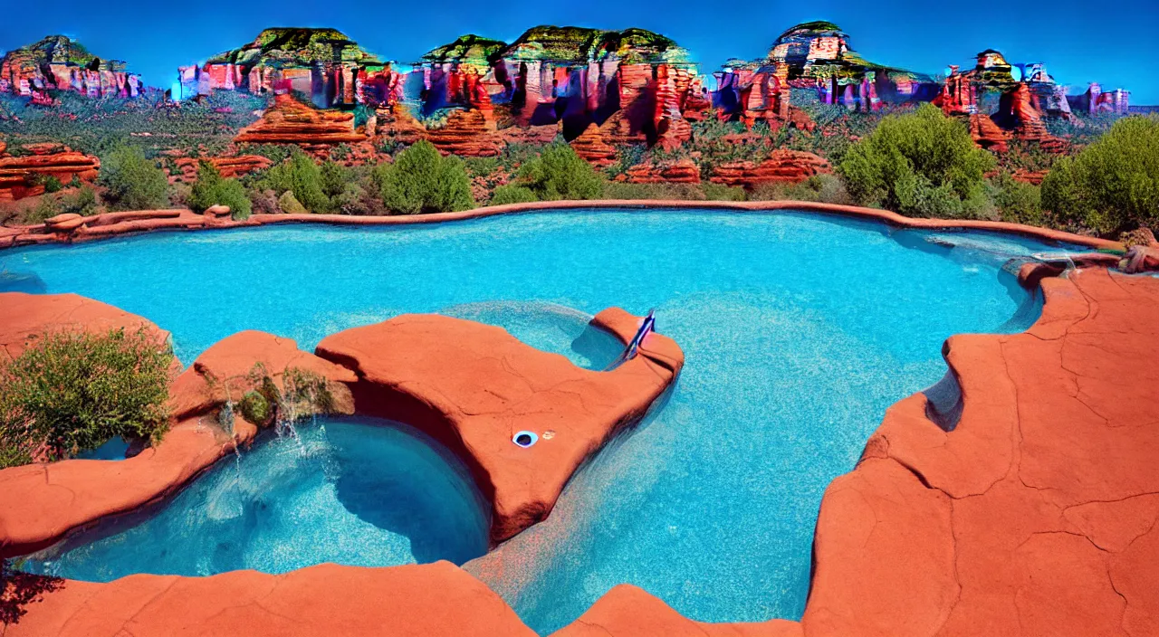 Image similar to a beautiful day in Sedona by a pool,colorised,photograph