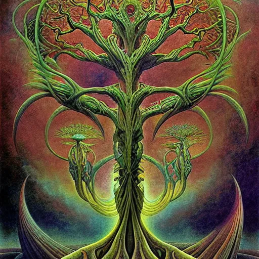 Prompt: divine chaos engine by roger dean and andrew ferez, tree of life, symbolist, visionary, detailed, realistic, surreality, art forms of nature by ernst haeckel, deep rich moody colors, botanical fractal structures