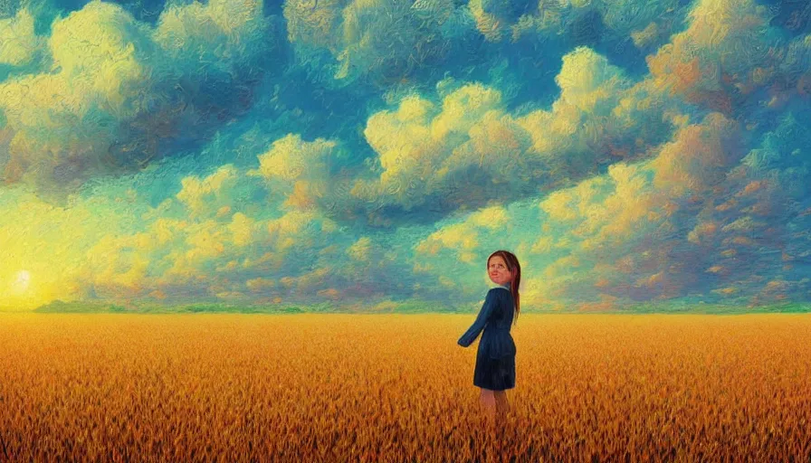 Image similar to girl with flower face in empty wheat field, surreal photography, colorful clouds, tree, impressionist painting, colorful clouds, digital painting, pointillism, sunset, artstation, simon stalenhag