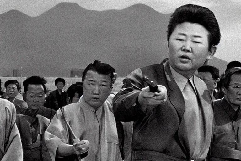 Prompt: a filmstill of Kim Jong-il looking at Starro Kaiju monster destroying Pyongyang, in Rashōmon by Akira Kurosawa (1950), traditional Korean city, palace, epic ultrawide shot, cinémascope