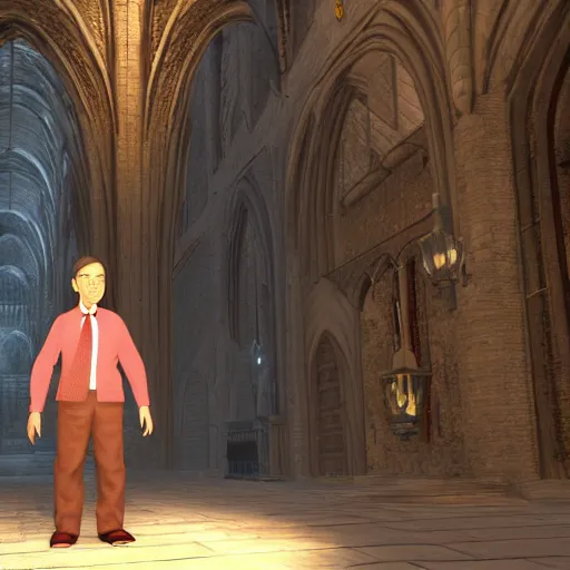 Image similar to Mister Rogers in Dark Souls III Anor Londo, photorealistic, volumetric lighting