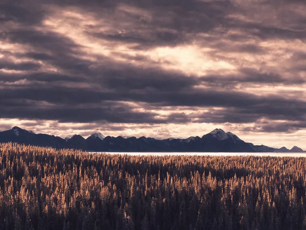 Image similar to epic crystalline taiga with a lake, golden hour, distant mountains, atmospheric perspective, altostratus clouds, planets, cinematic, 3 5 mm lens, photographic, cinematography by roger deakins, in the style of ansel adams